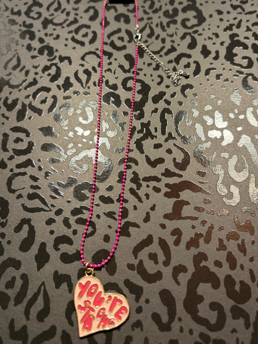 Handmade “You’re Strong” Heart Necklace Pink Ball Chain Affirmation Jewelry Gift